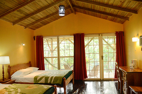 inside of the White Maya cabin. 2 double beds, air condition, river front, private bathroom with hot and cold shower.
